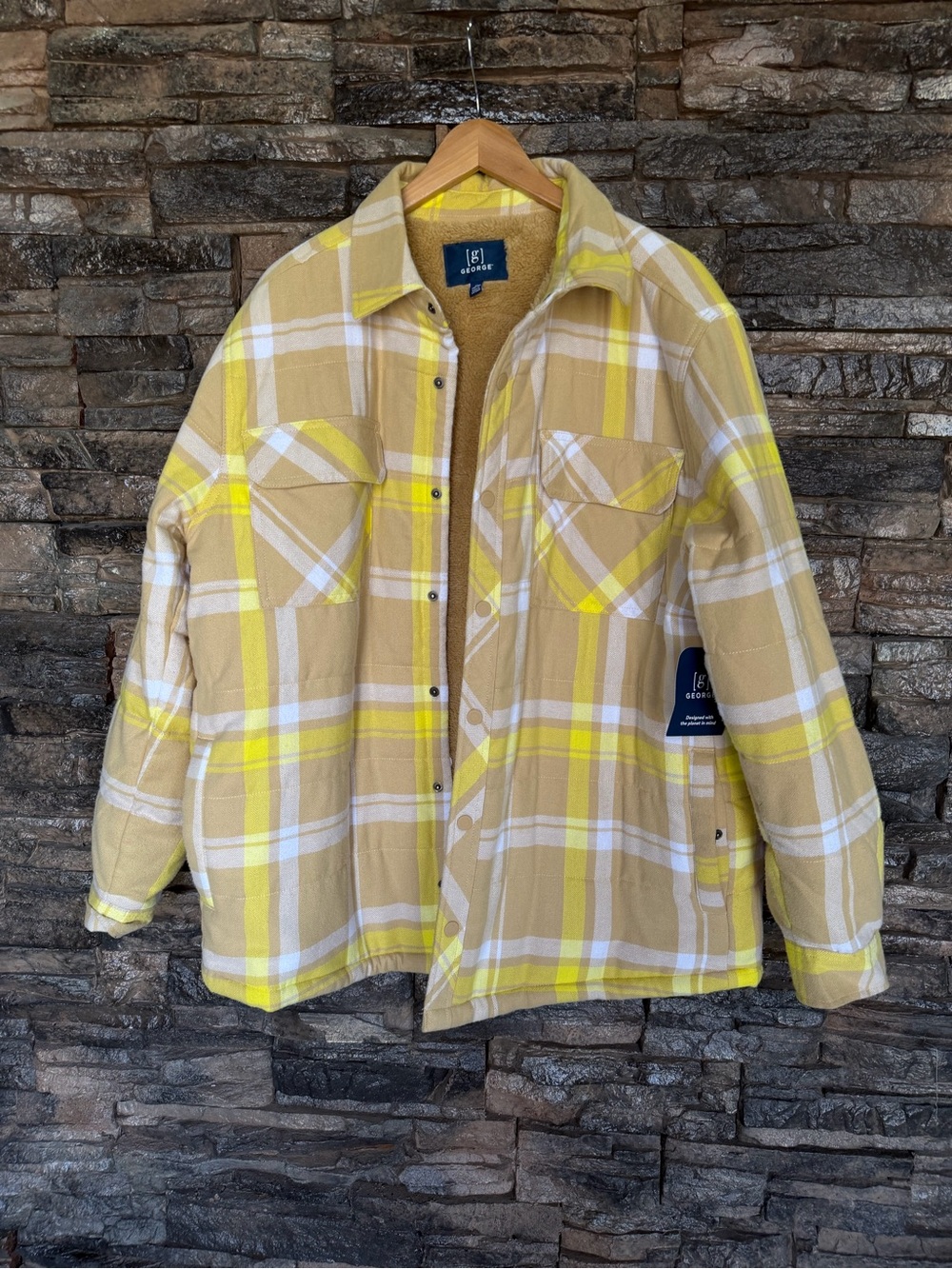 George Men’s Yellow and White Plaid Sherpa-Lined Shirt Jacket